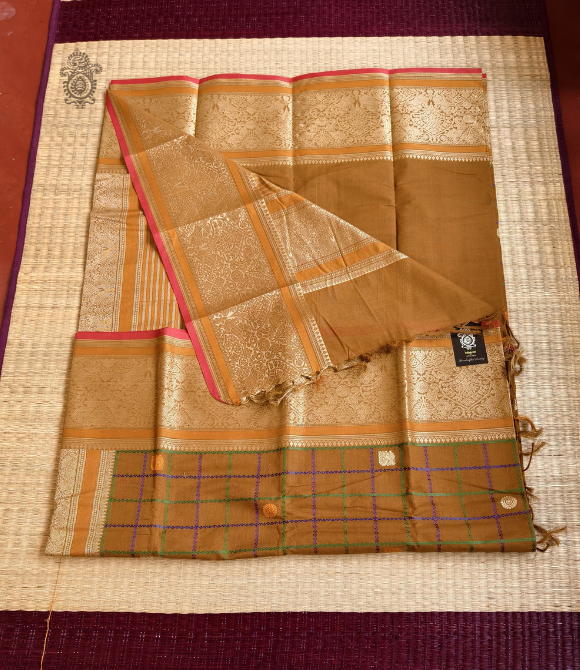 Handwoven Pure Cotton Kanchipuram Saree Deep Olive Green